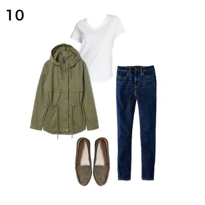 Carry on Packing Outfit 10: White Tee, Olive Jacket, Jeans, Olive Flats