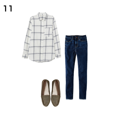 Carry on Packing Outfit 11: White Button Down, Jeans, Olive Flats