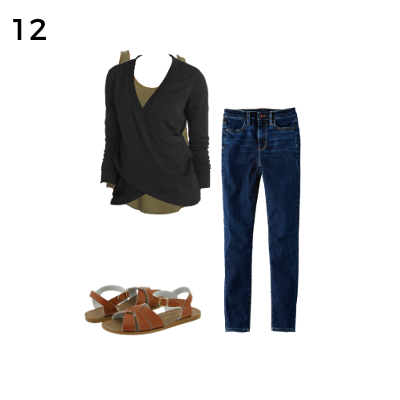 Carry on Packing Outfit 12: Olive Tank, Jeans, Tan Sandals