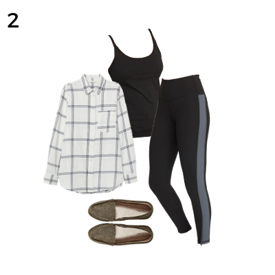 Carry on Packing Outfit 2: Black Tank, White Button Down, Black Leggings, Olive Flats