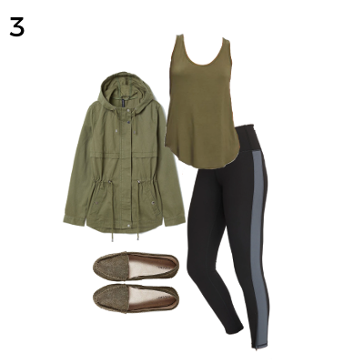 Carry on Packing Outfit 3: Olive Tank, Olive Jacket, Black Leggings, Olive Flats