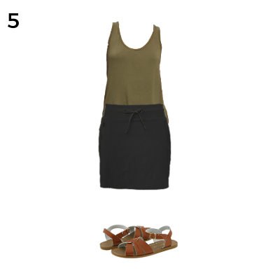 Carry on Packing Outfit 5: Olive Tank, Black Skort, Tan Sandals
