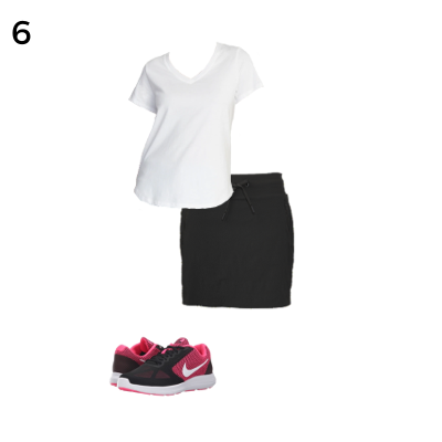 Carry on Packing Outfit 6: White Tee, Black Skort, Black Sneakers