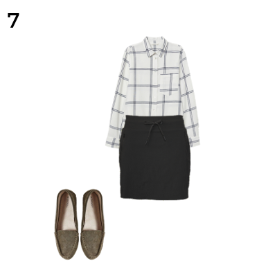 Carry on Packing Outfit 7: White Button Down, Black Skort, Olive Flats
