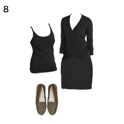 Carry on Packing Outfit 8: Black Tank, Black Sweatshirt, Black Skort, Olive Flats