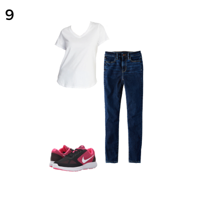 Carry on Packing Outfit 9: White Tee, Jeans, Black Sneakers
